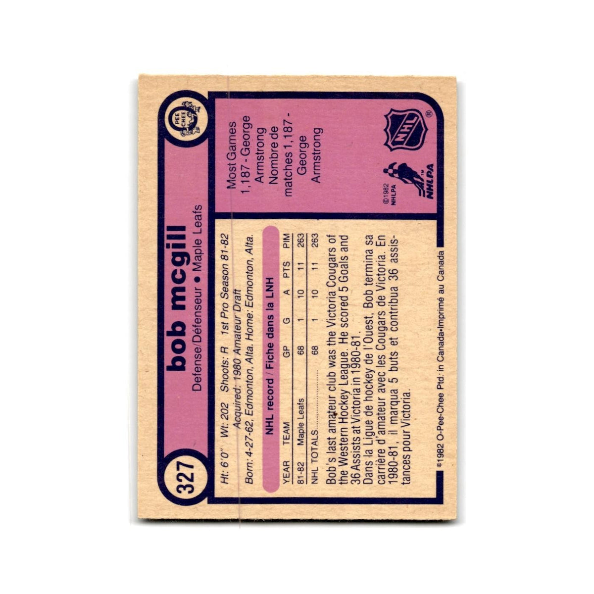 1982 O-Pee-Chee Bob McGill RC Toronto Maple Leafs #327