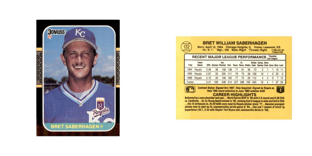 1987 Donruss Baseball Card Bret Saberhagen Royals #132