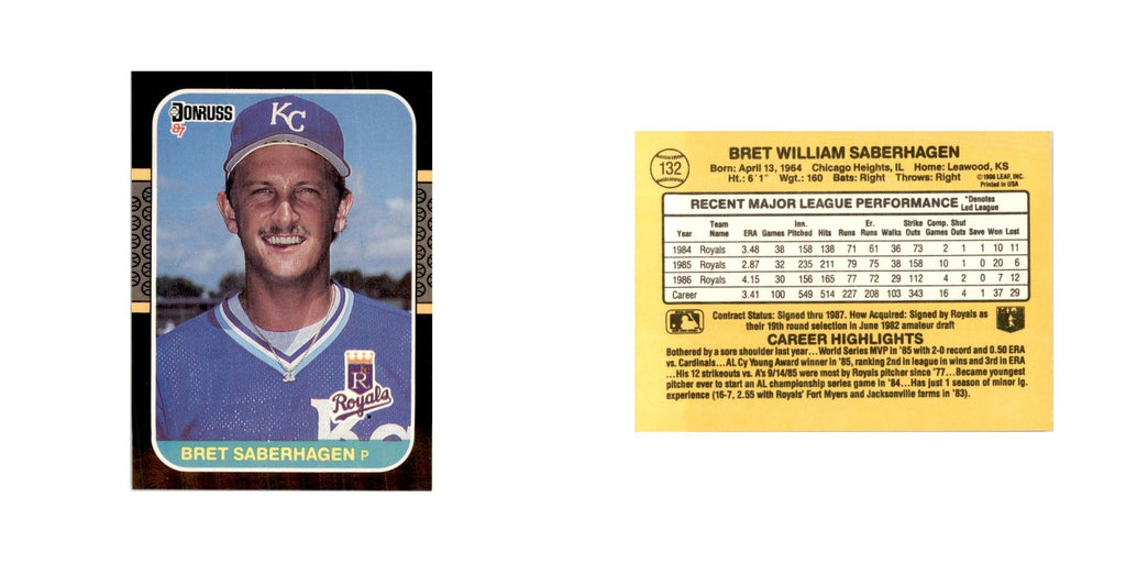1987 Donruss Baseball Card Bret Saberhagen Royals #132