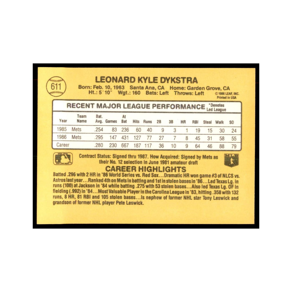 1987 Donruss Baseball Card Len Dykstra Mets #611