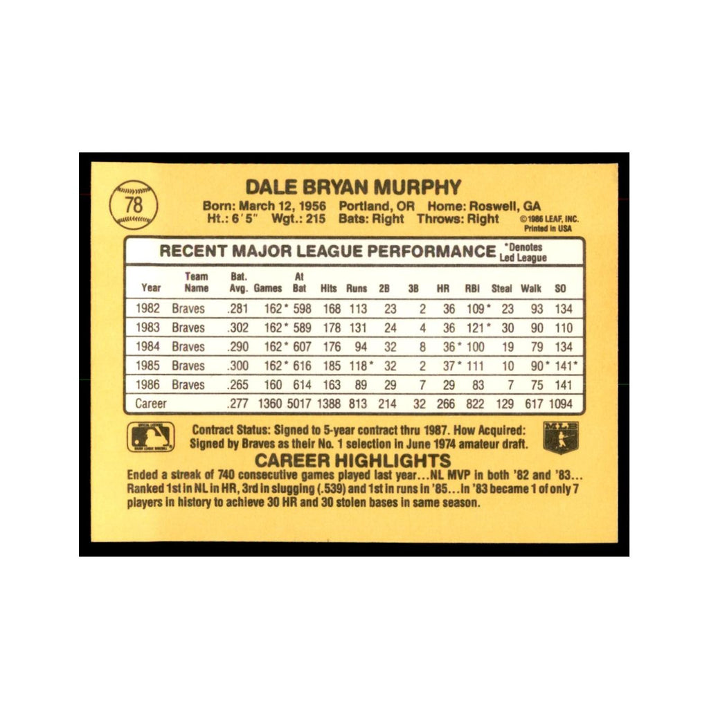 1987 Donruss Baseball Card Dale Murphy Braves #78