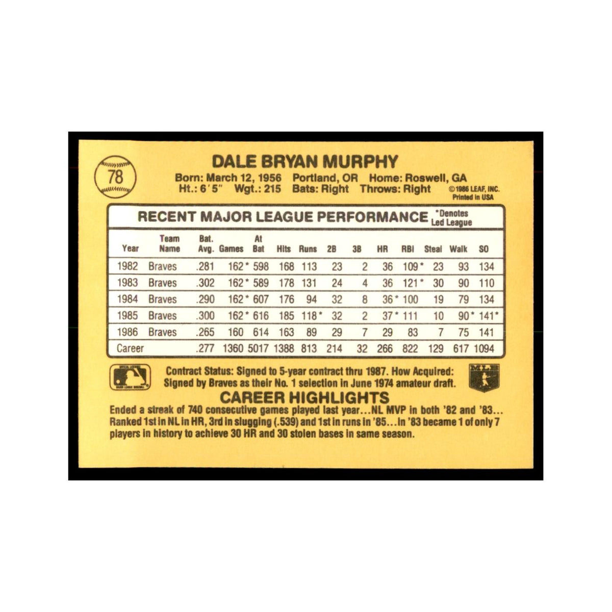 1987 Donruss Baseball Card Dale Murphy Braves #78