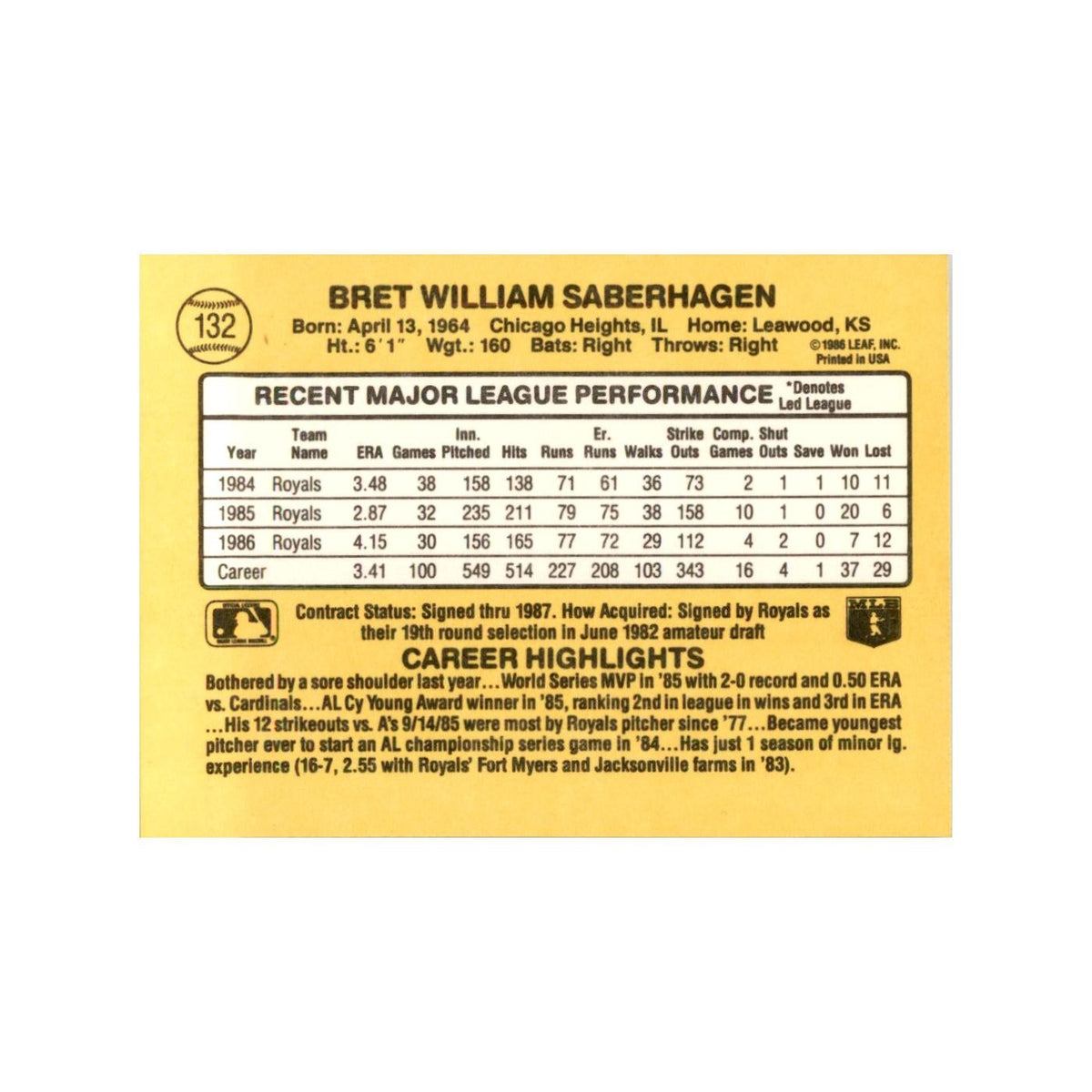 1987 Donruss Baseball Card Bret Saberhagen Royals #132