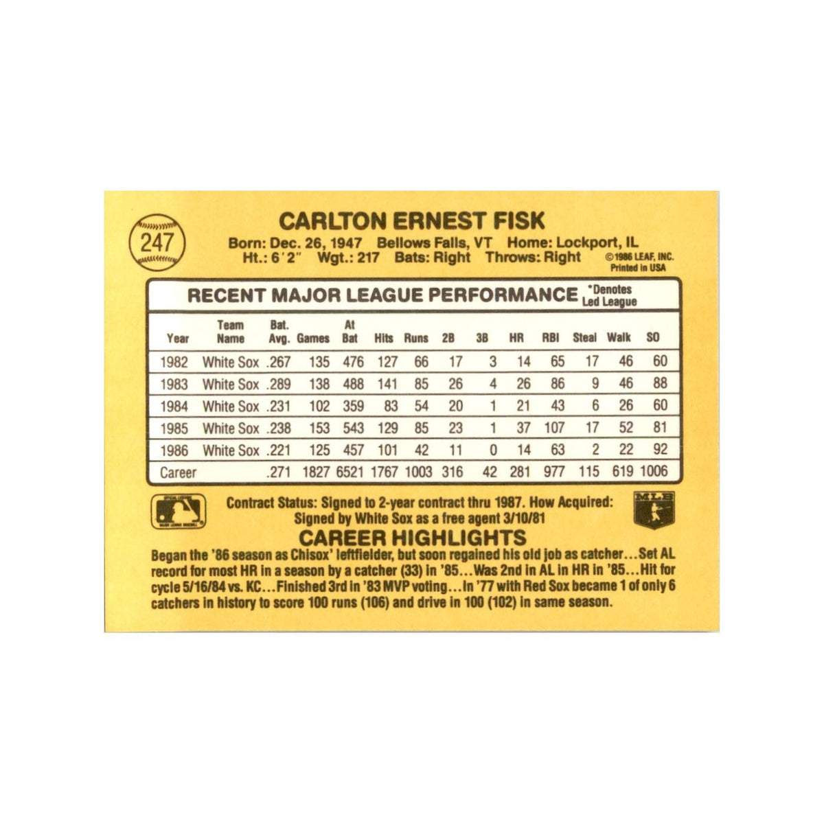 1987 Donruss Baseball Card Carlton Fisk White Sox #247