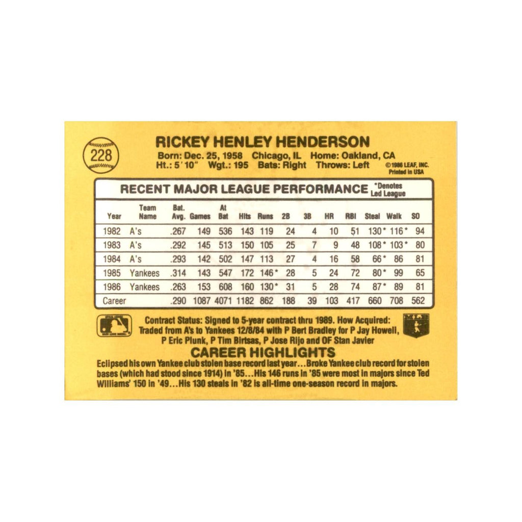 1987 Donruss Baseball Card Rickey Henderson Yankees #228