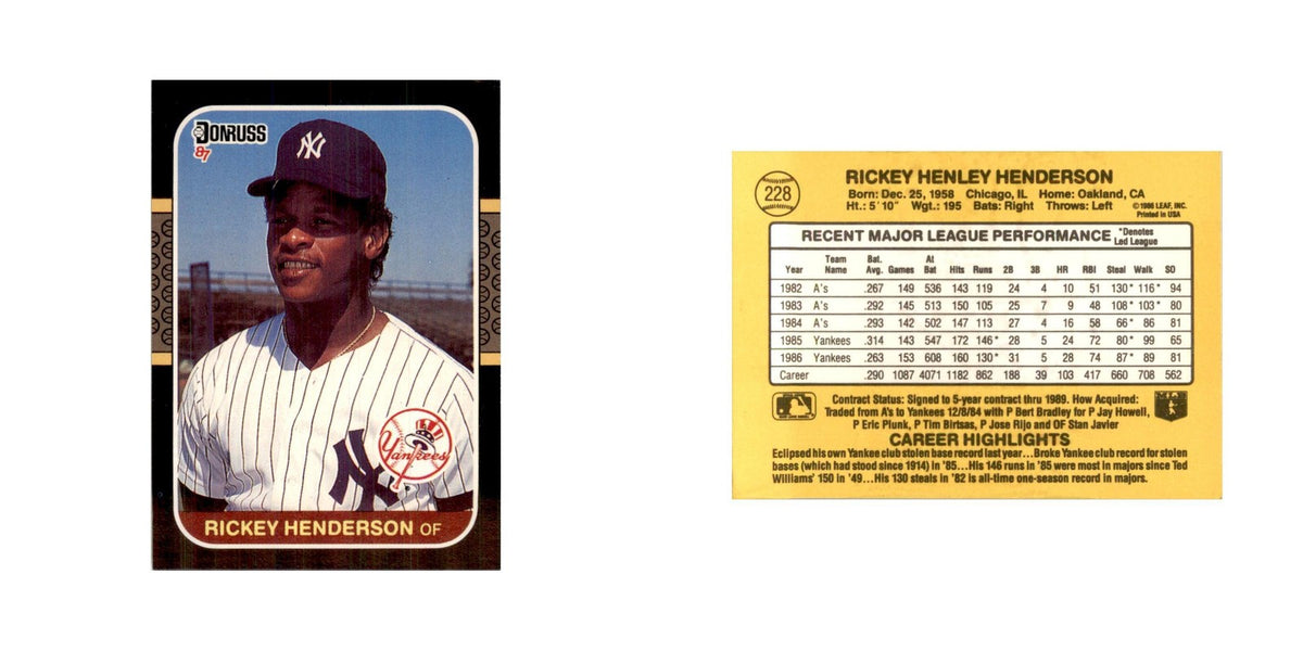 1987 Donruss Baseball Card Rickey Henderson Yankees #228