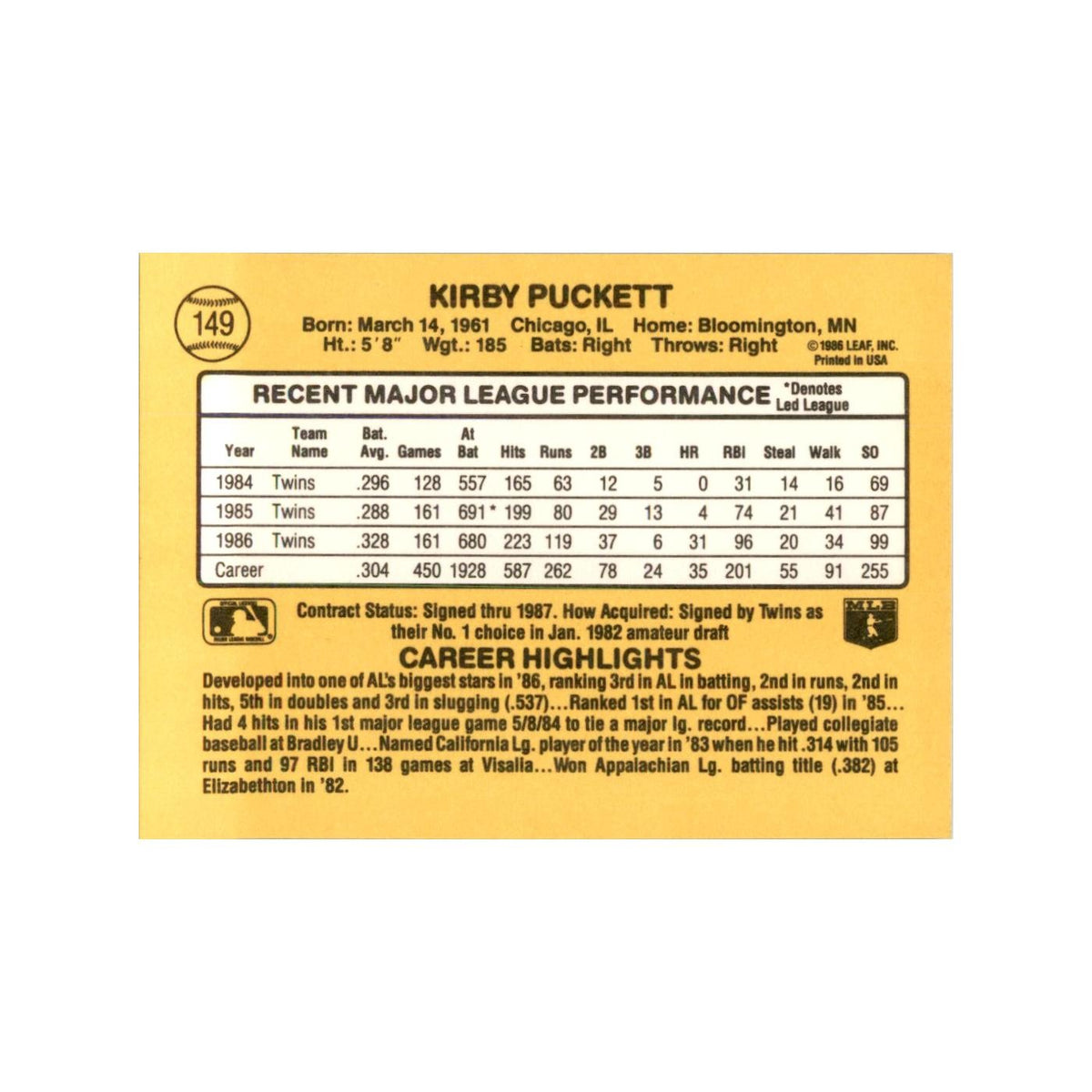 1987 Donruss Baseball Card Kirby Puckett Twins #149