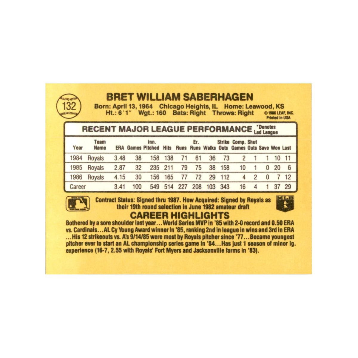 1987 Donruss Baseball Card Bret Saberhagen Royals #132