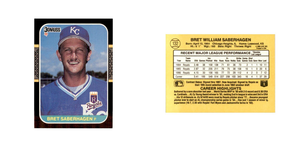 1987 Donruss Baseball Card Bret Saberhagen Royals #132