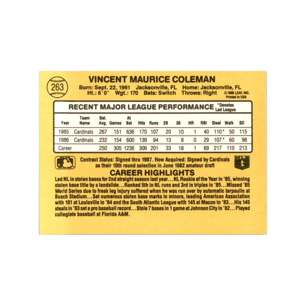 1987 Donruss Baseball Card Vince Coleman Cardinals #263