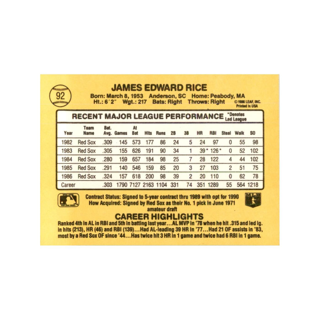 1987 Donruss Baseball Card Jim Rice Red Sox #92