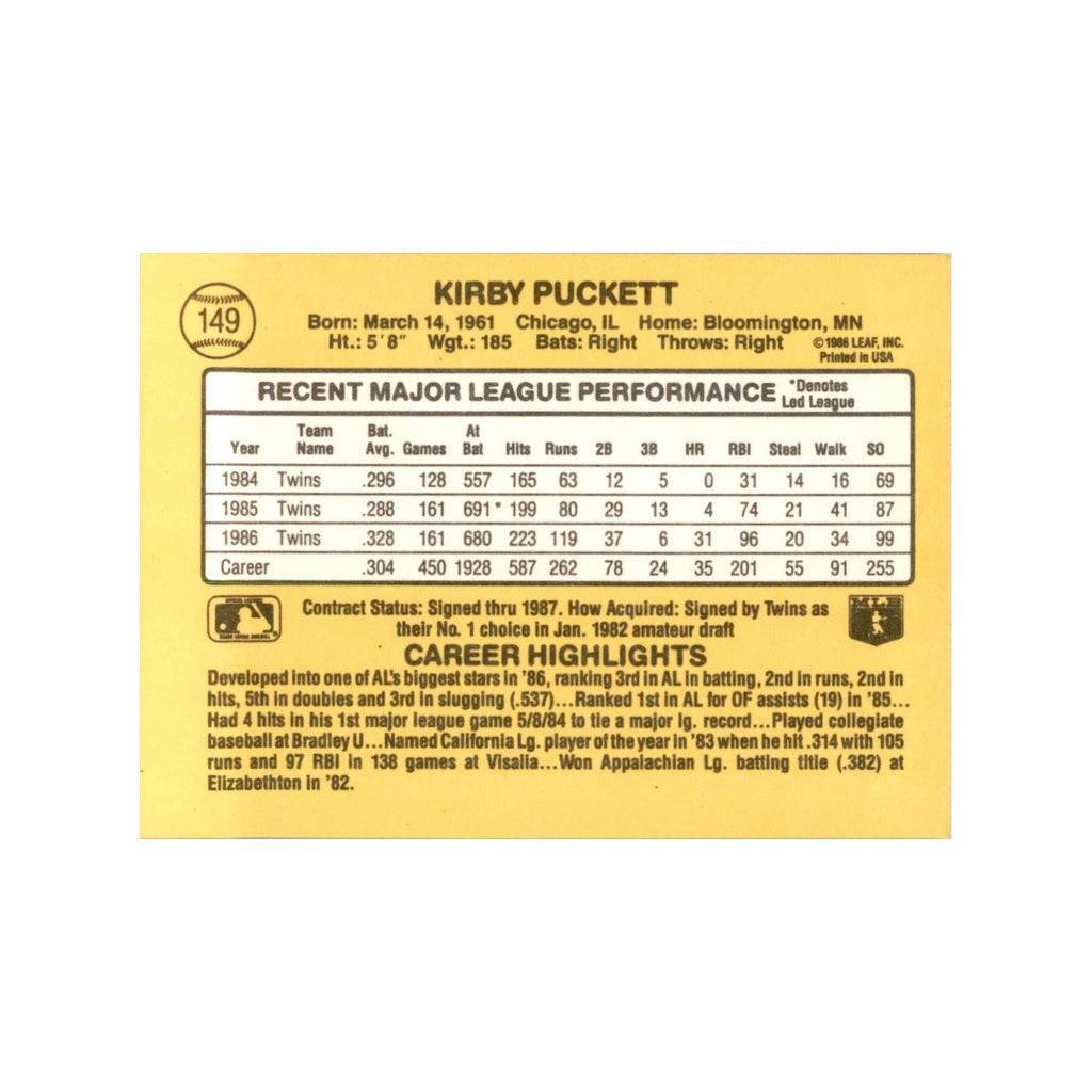 1987 Donruss Baseball Card Kirby Puckett Twins #149