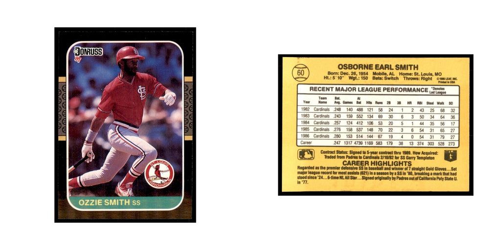 1987 Donruss Baseball Card Ozzie Smith Cardinals #60