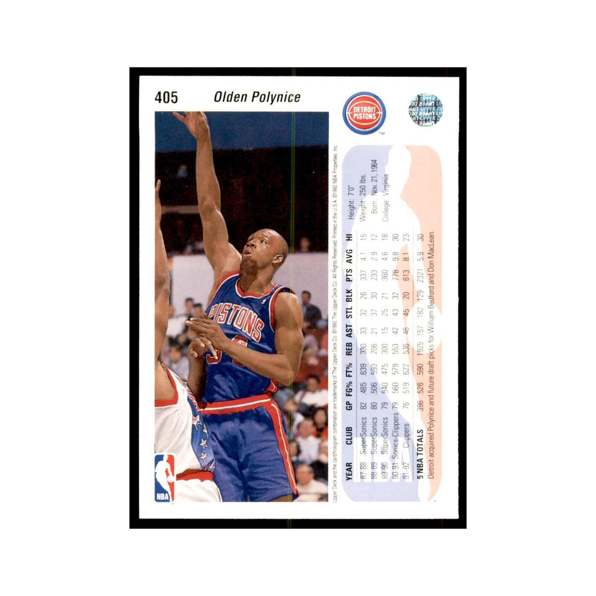 1992 Upper Deck Olden Polynice Basketball Cards #405