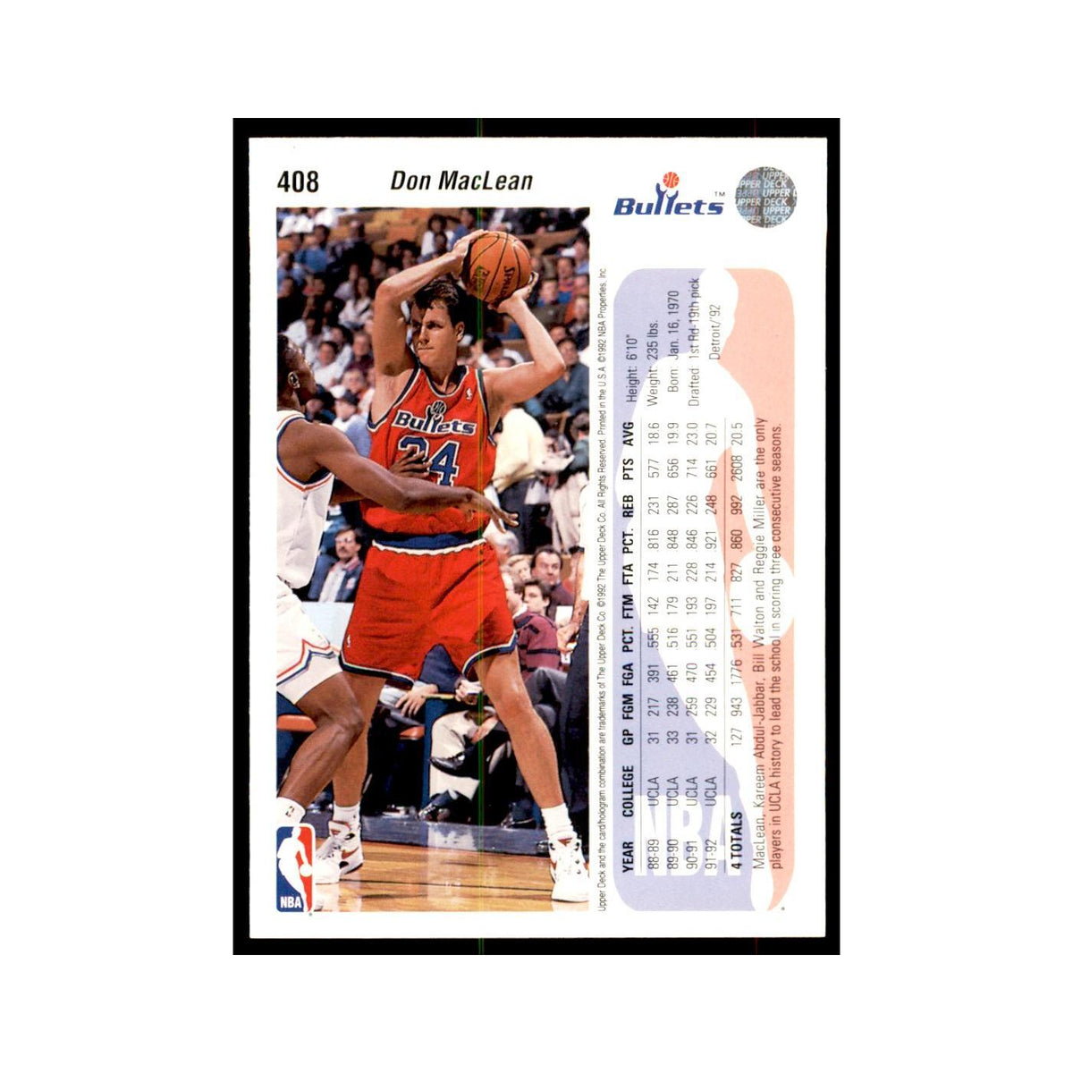 1992 Upper Deck Don MacLean Basketball Cards #408
