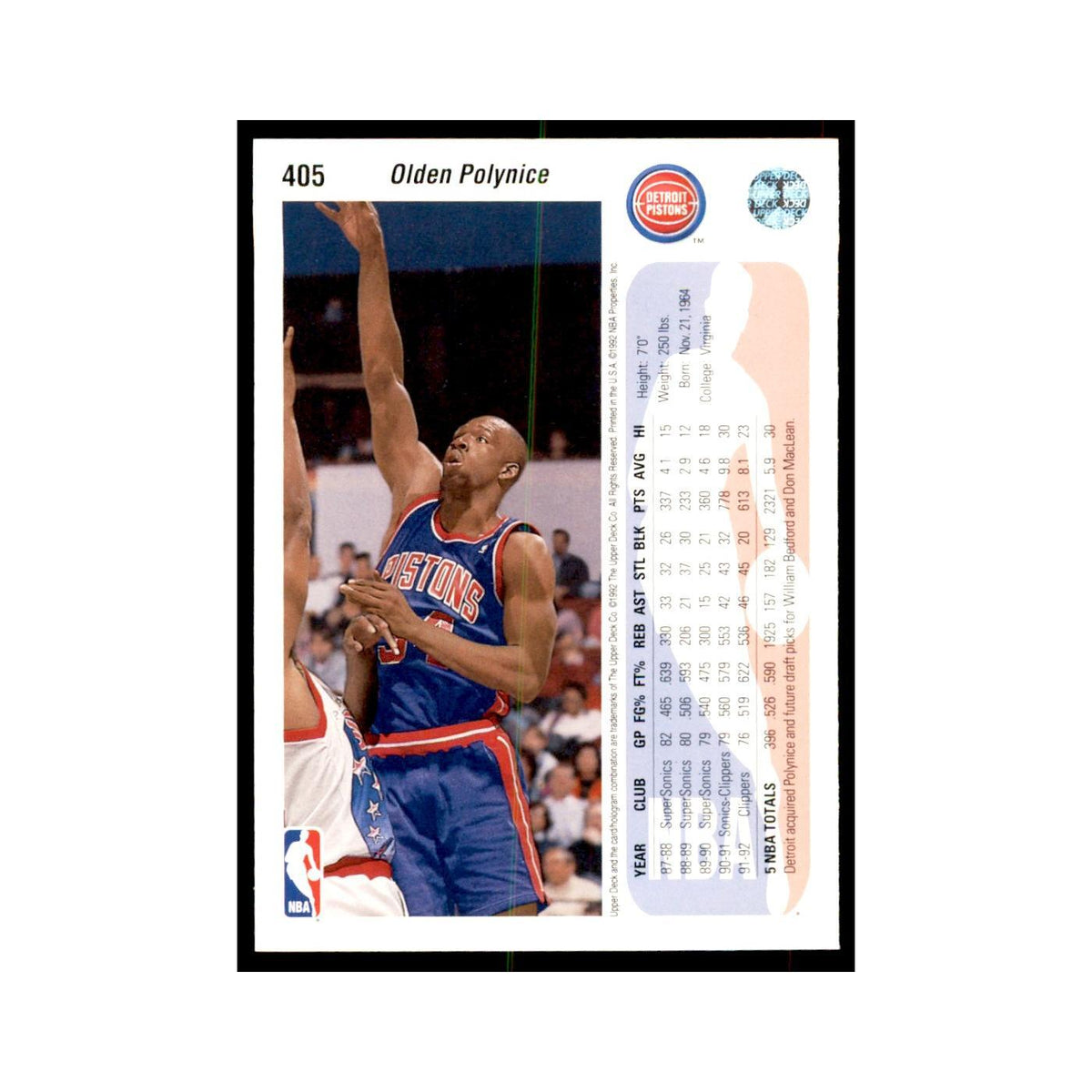 1992 Upper Deck Olden Polynice Basketball Cards #405