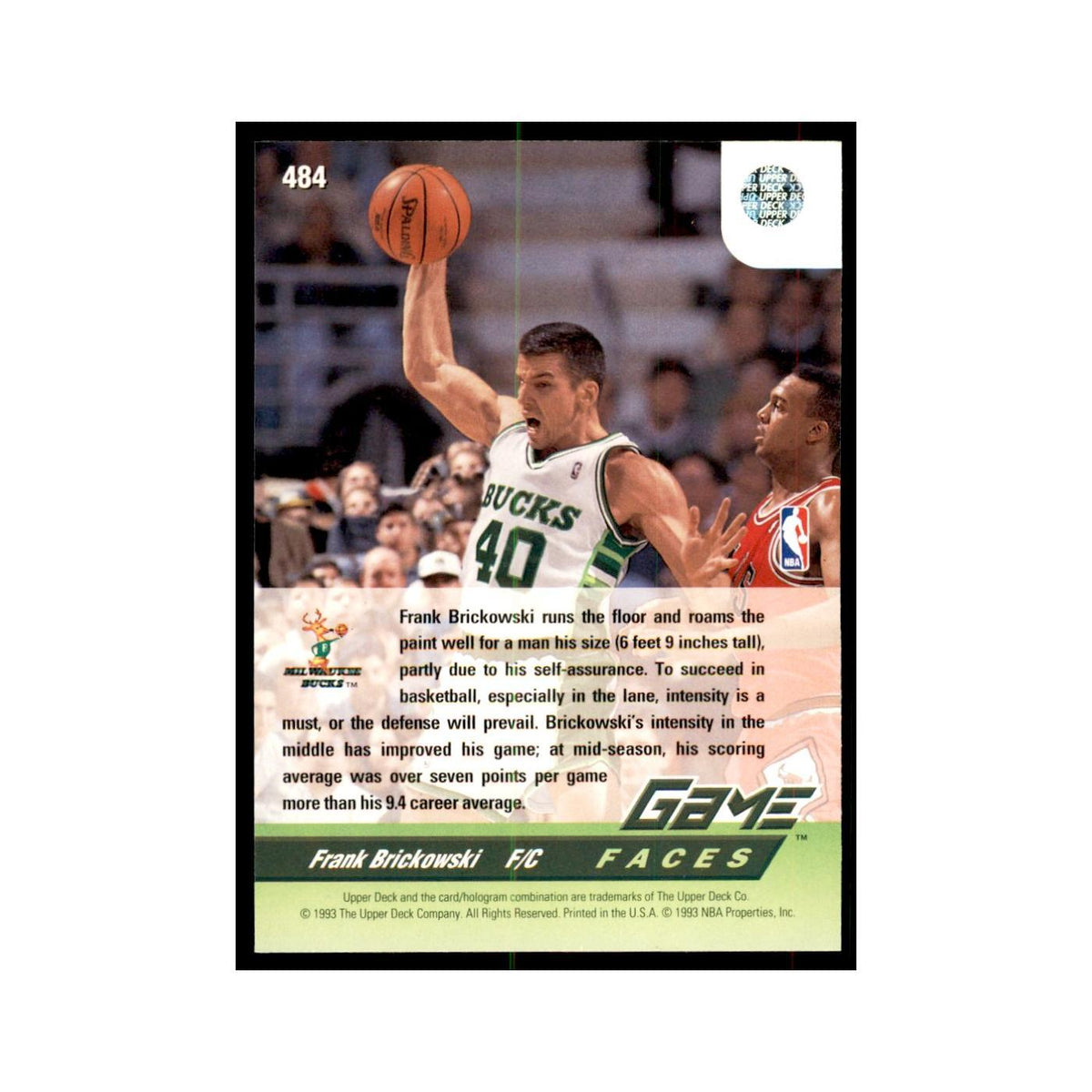 1992 Upper Deck Frank Brickowski Basketball Cards #484