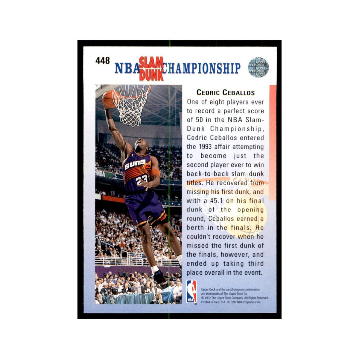 1992 Upper Deck Cedric Ceballos Basketball Cards #448