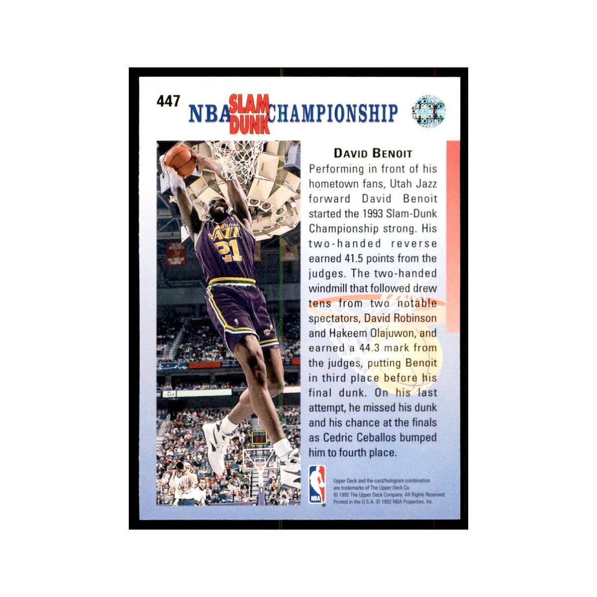 1992 Upper Deck David Benoit Basketball Cards #447