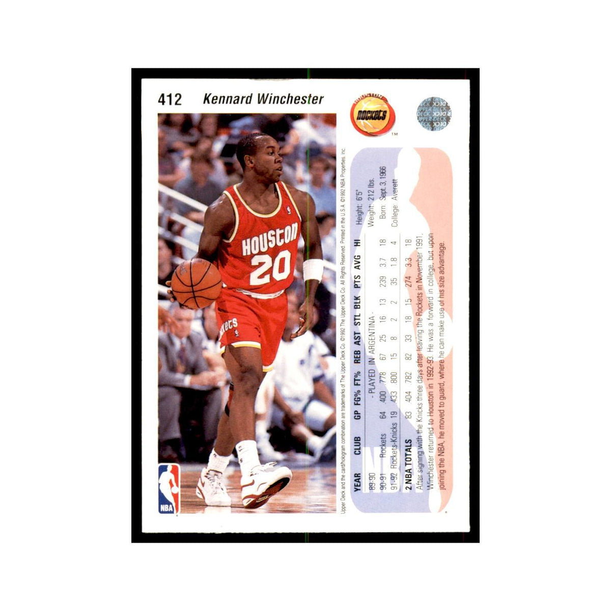 1992 Upper Deck Kennard Winchester Basketball Cards #412