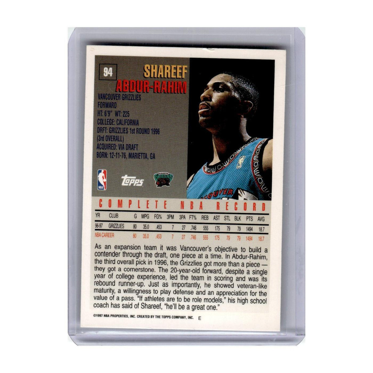 1997 Topps Shareef Abdur-Rahim Vancouver Grizzlies #94