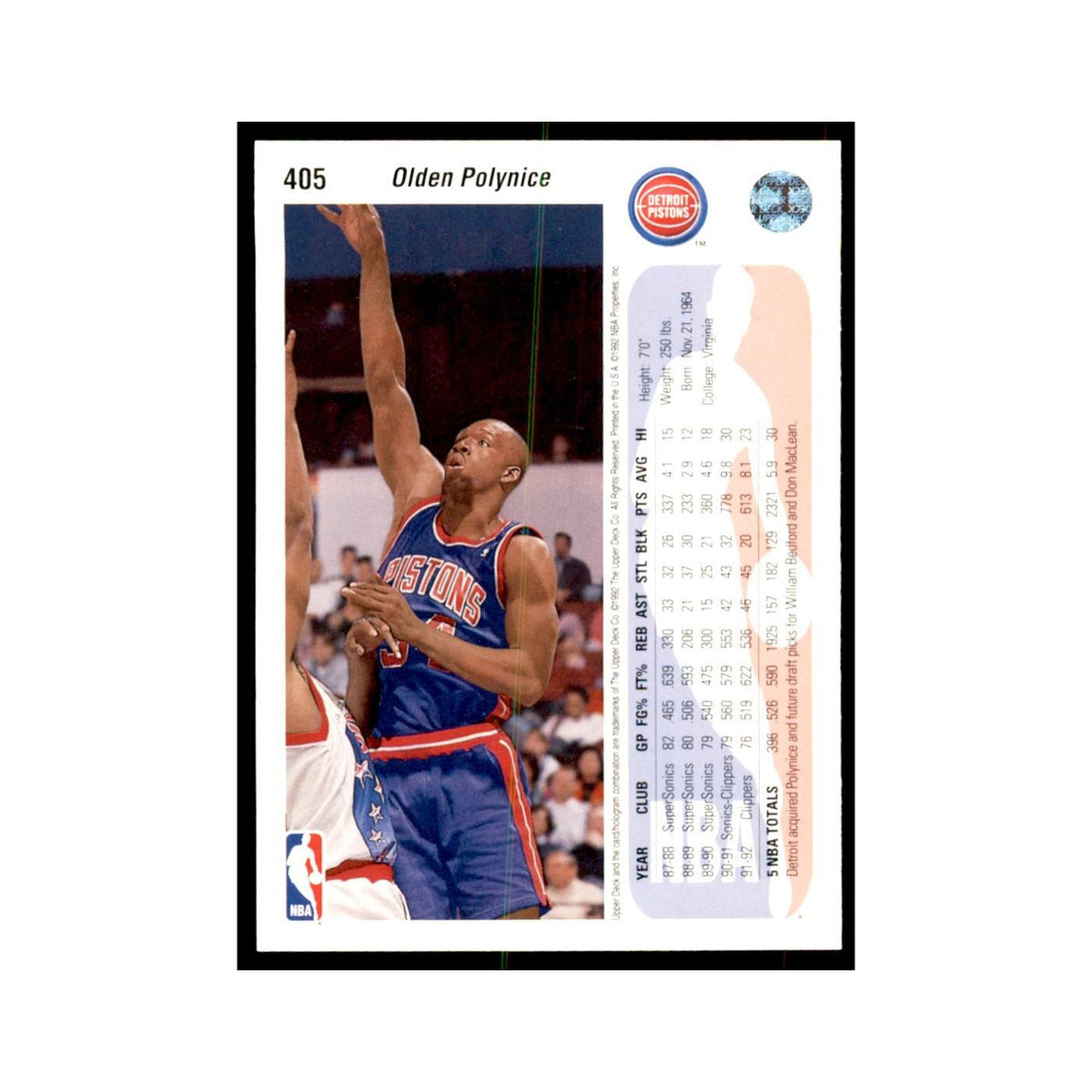 1992 Upper Deck Olden Polynice Basketball Cards #405