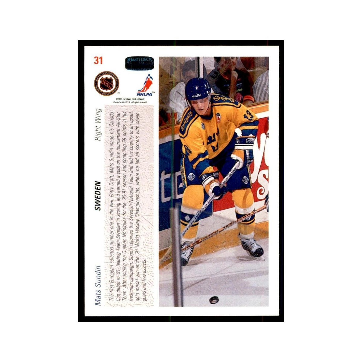 1991 Upper Deck Mats Sundin Hockey Cards #31