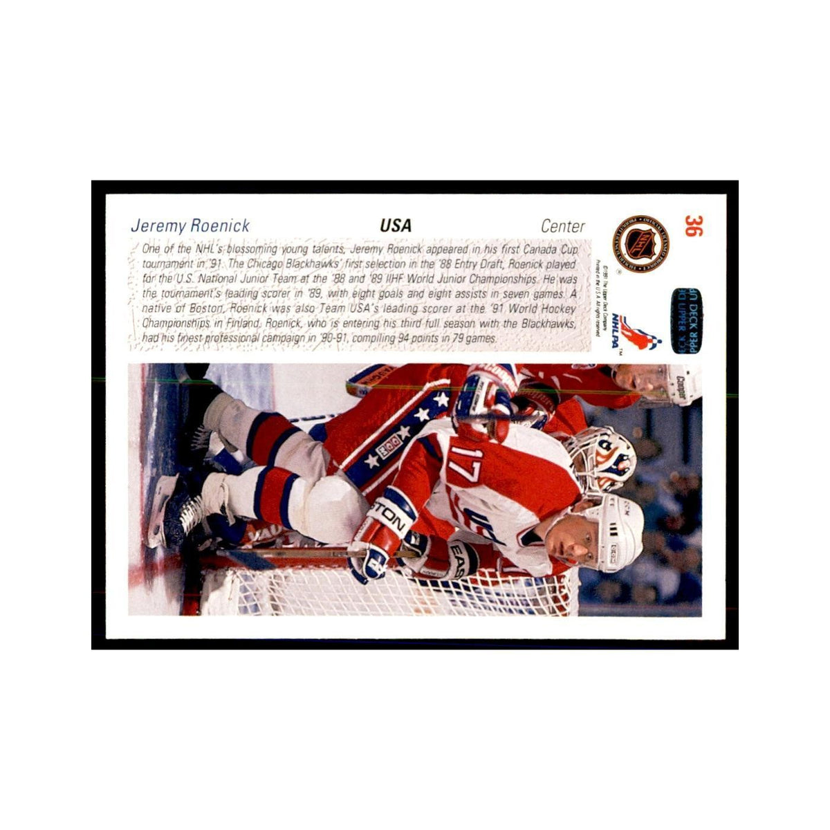 1991 Upper Deck Jeremy Roenick Hockey Cards #36