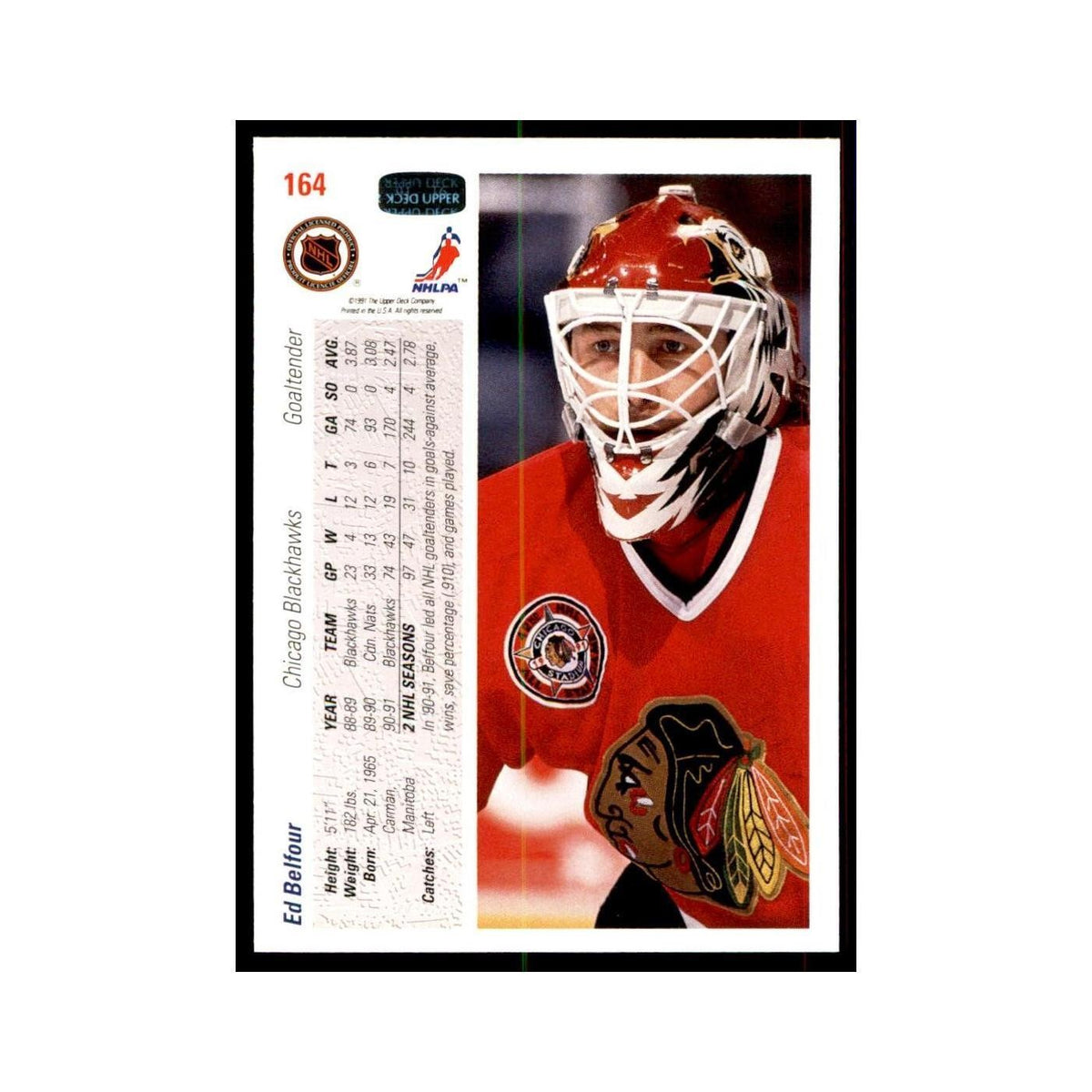 1991 Upper Deck Ed Belfour Hockey Cards #164