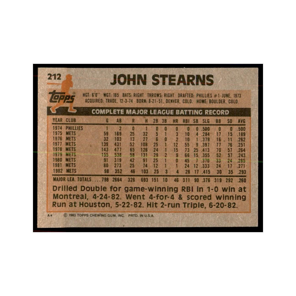 1983 Topps John Stearns Baseball Cards #212