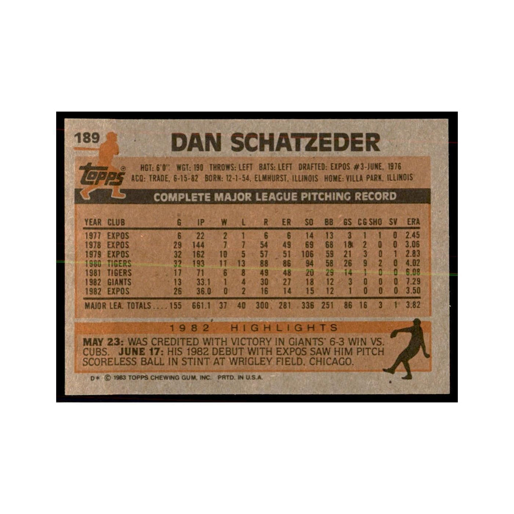 1983 Topps Dan Schatzeder Baseball Cards #189