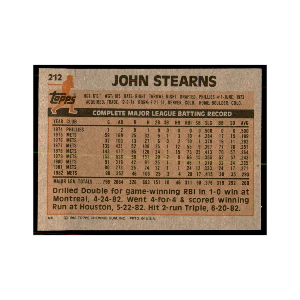 1983 Topps John Stearns Baseball Cards #212