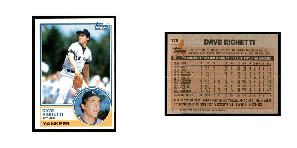 1983 Topps Dave Righetti Baseball Cards #176
