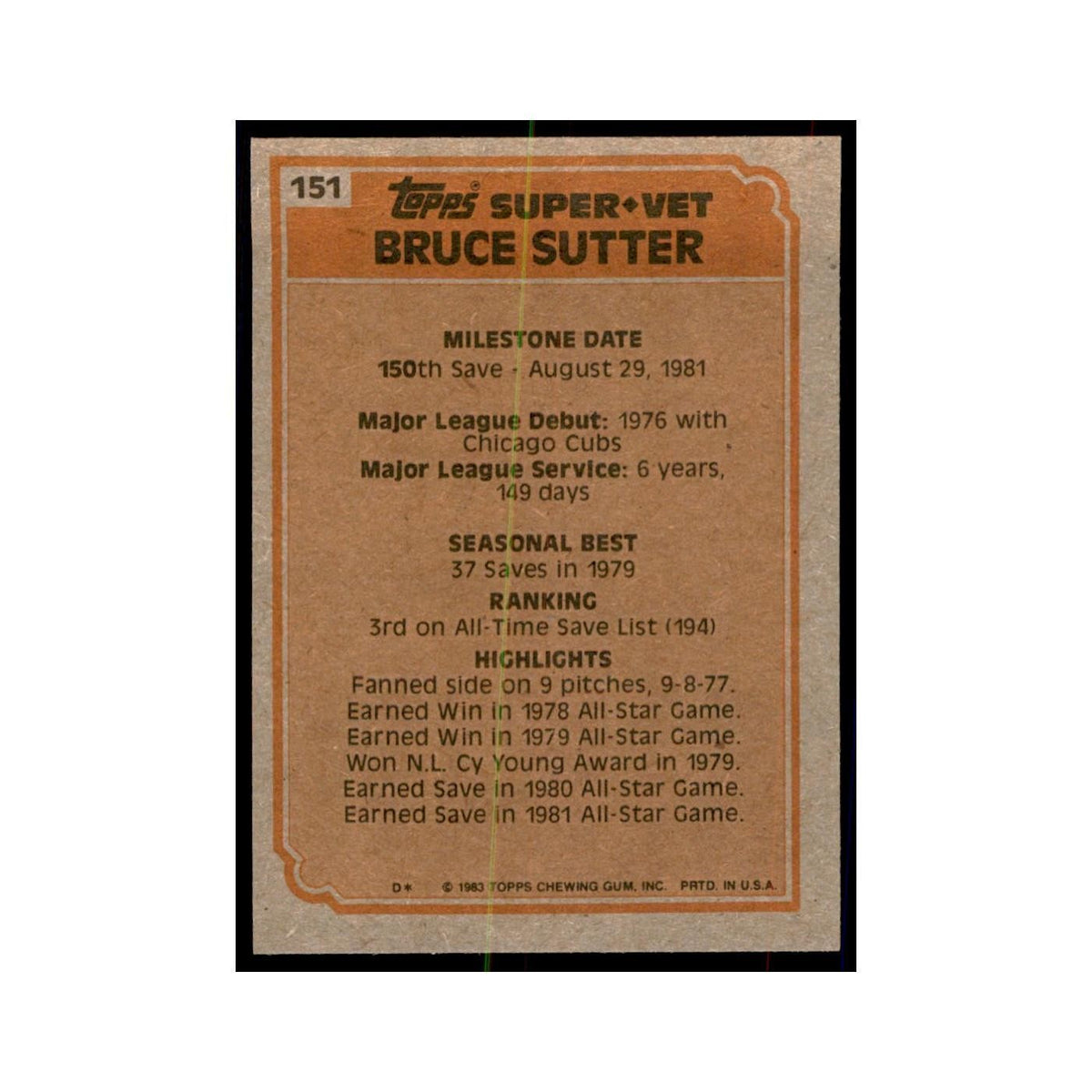 1983 Topps Bruce Sutter Baseball Cards #151