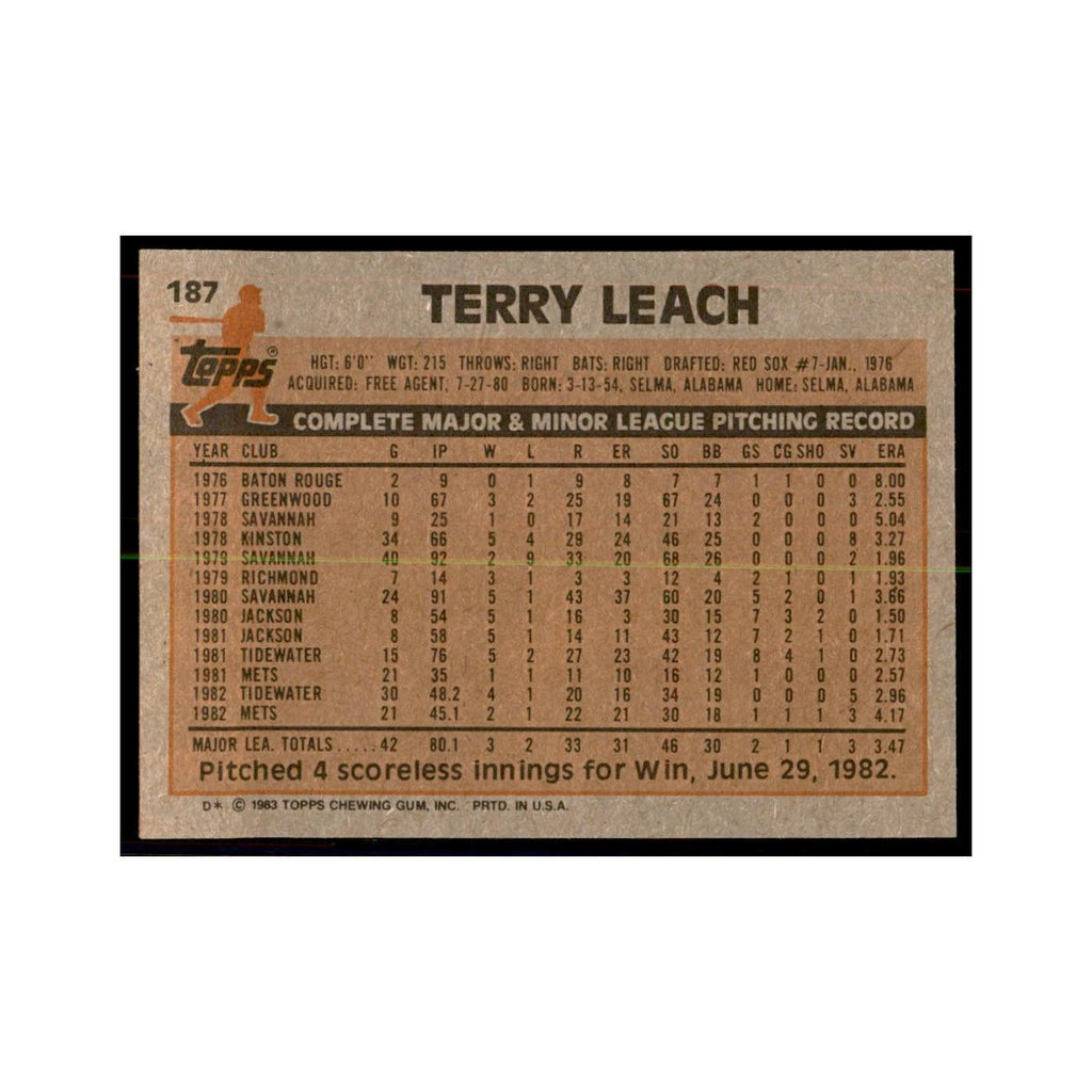 1983 Topps Terry Leach Baseball Cards #187