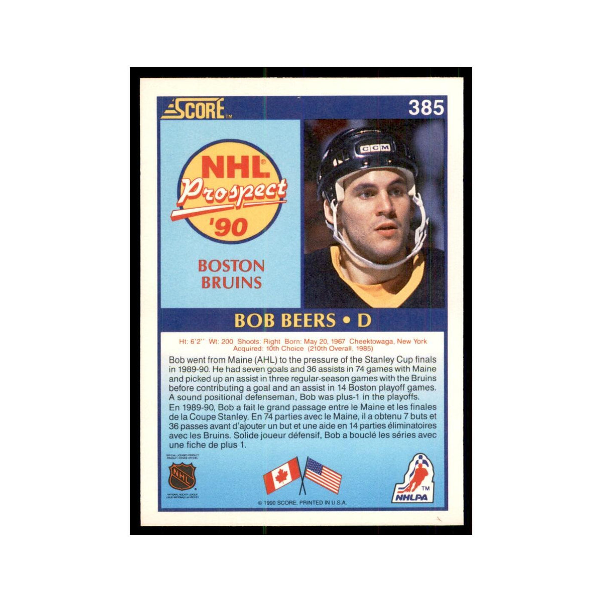1990 Score Canadian Bob Beers Hockey Cards #385