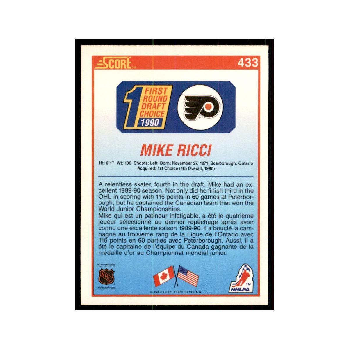 1990 Score Canadian Mike Ricci Hockey Cards #433