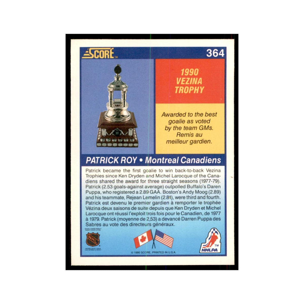 1990 Score Canadian Patrick Roy Hockey Cards #364
