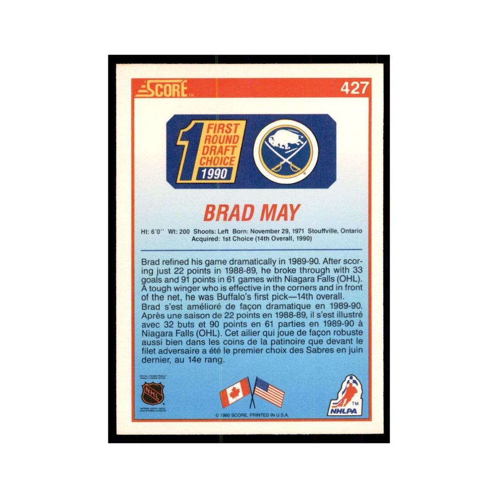 1990 Score Canadian Brad May Hockey Cards #427