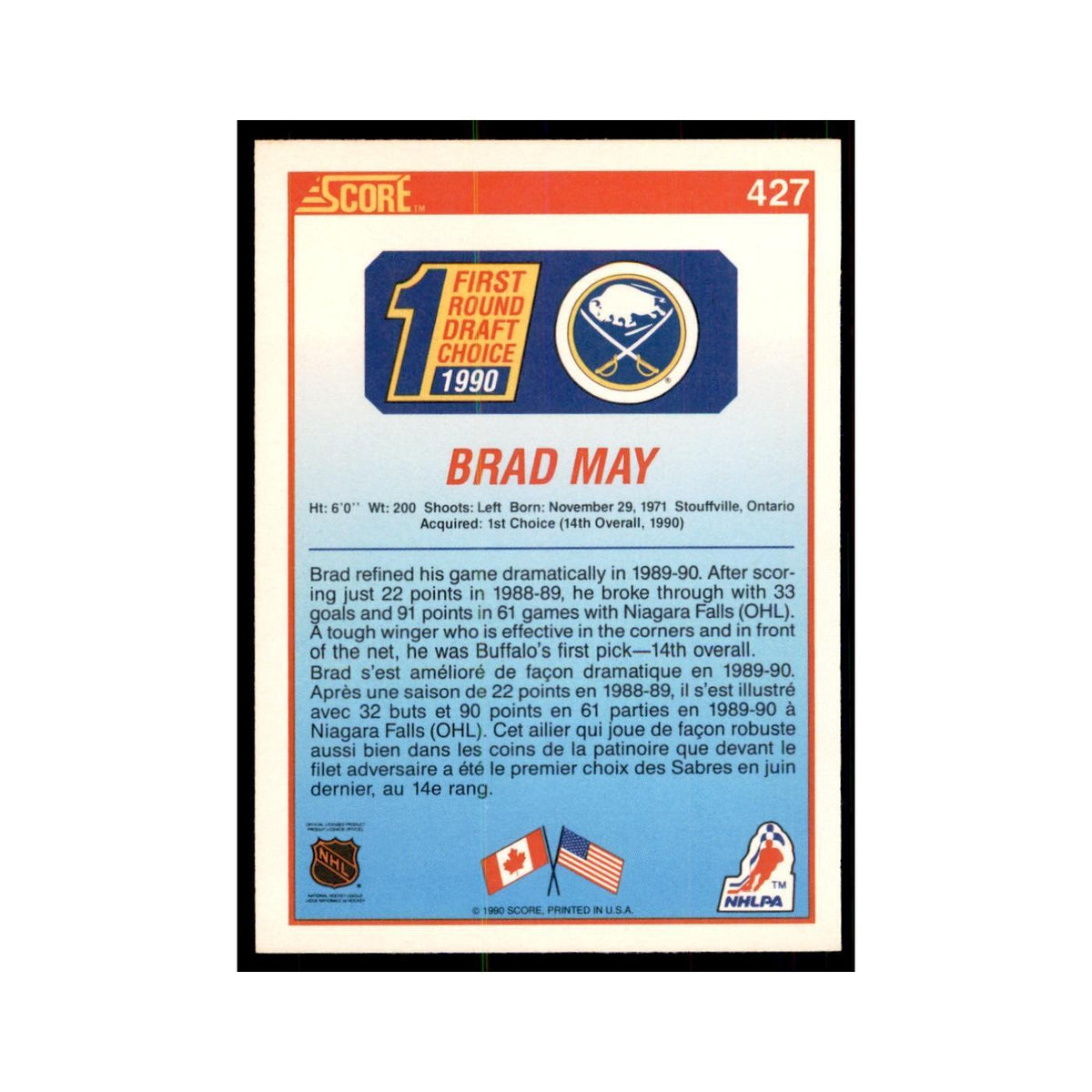 1990 Score Canadian Brad May Hockey Cards #427