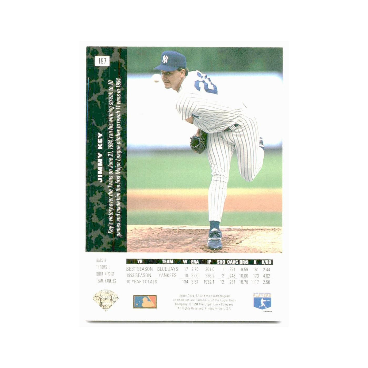 Jimmy Key 1994 SP #197 New York Yankees Baseball Card NM