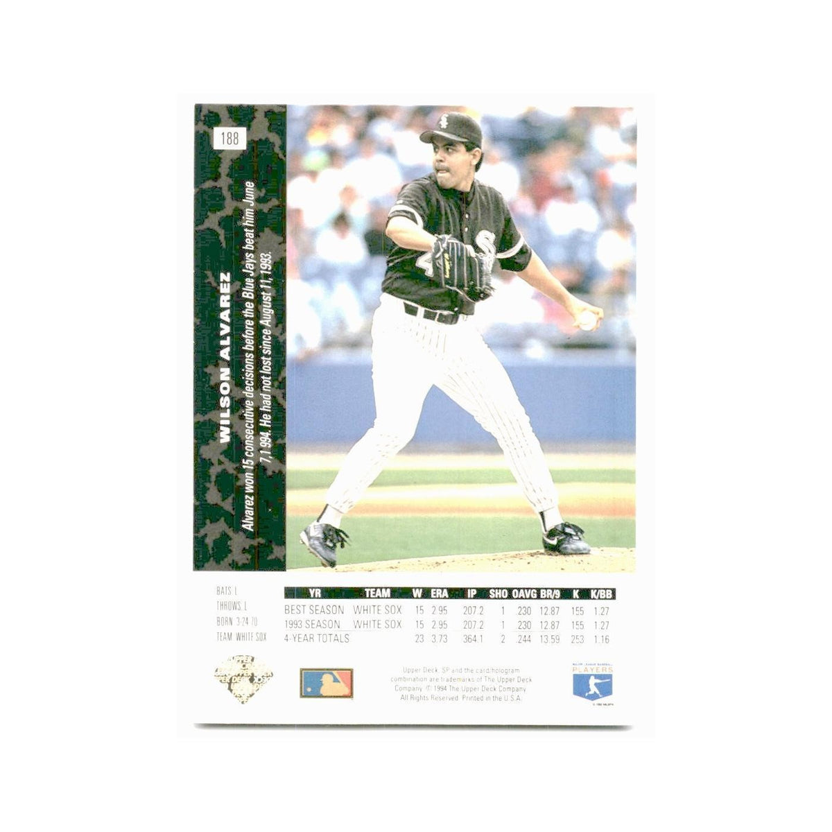 Wilson Alvarez 1994 SP #188 Chicago White Sox Baseball Card NM