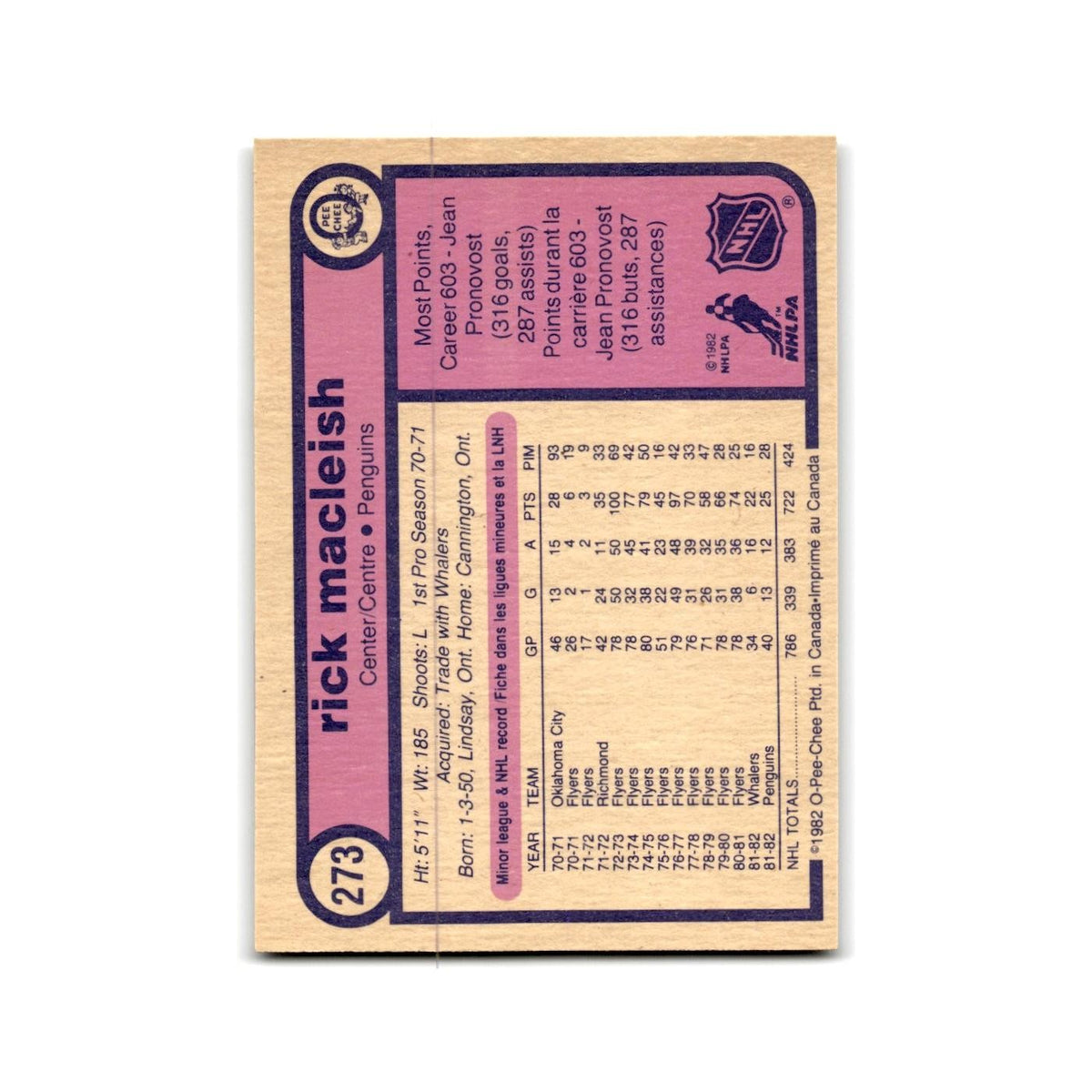 1982 O-Pee-Chee Rick MacLeish Pittsburgh Penguins #273