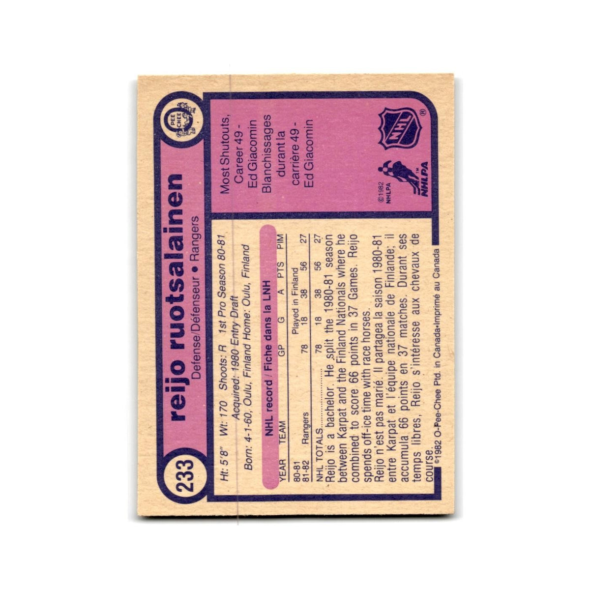 1982 O-Pee-Chee Reijo Ruotsalainen RC New York Rangers #233