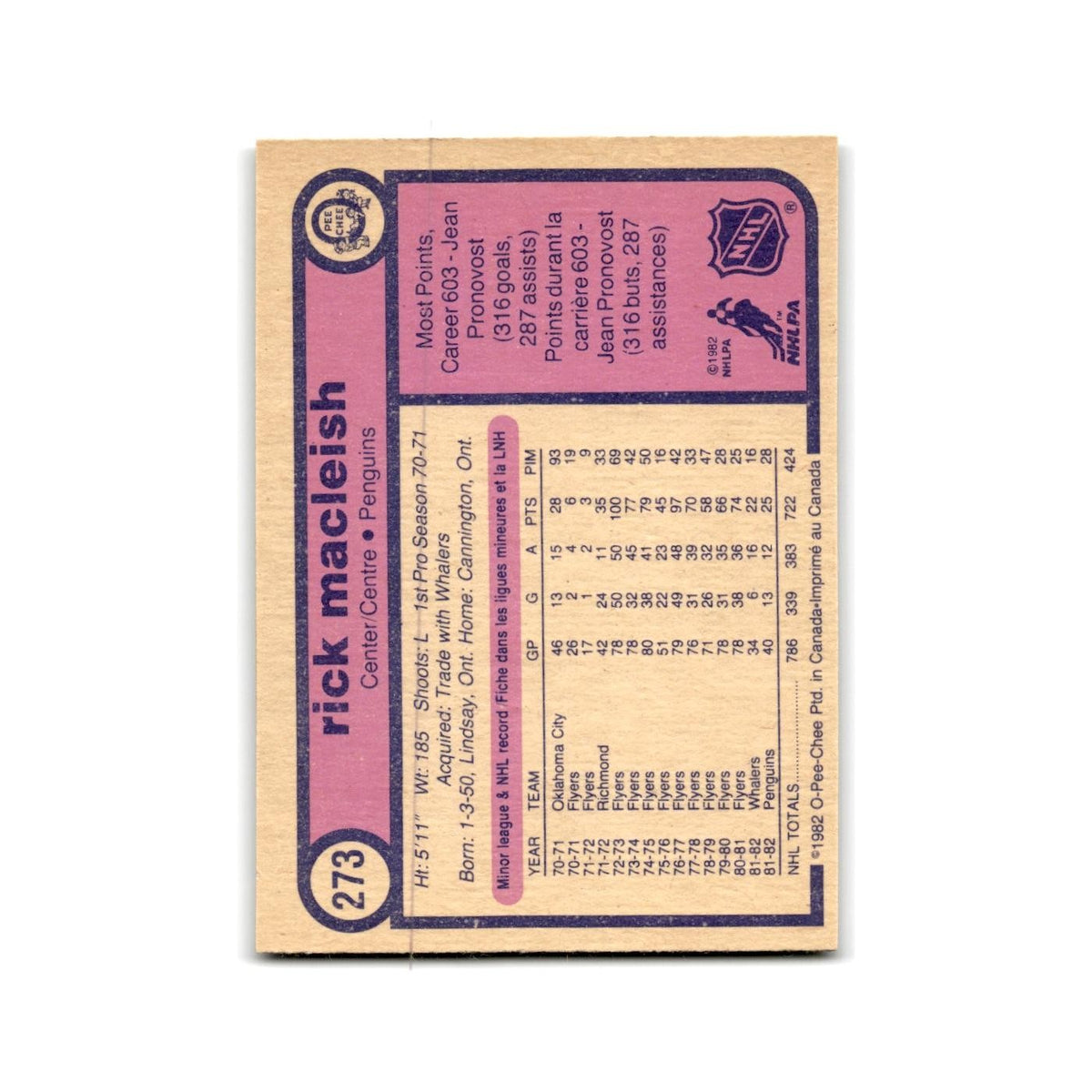 1982 O-Pee-Chee Rick MacLeish Pittsburgh Penguins #273