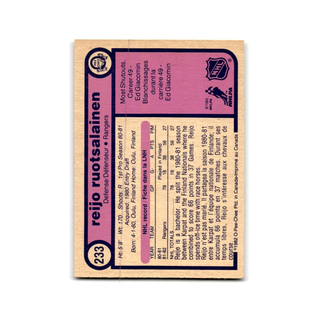 1982 O-Pee-Chee Reijo Ruotsalainen RC New York Rangers #233