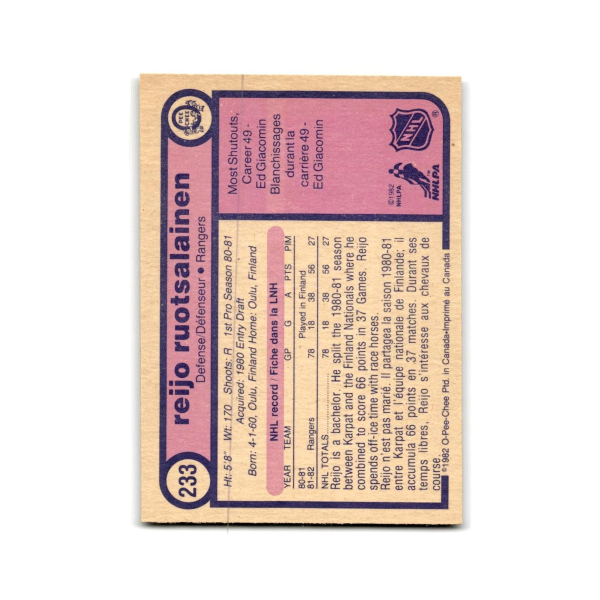 1982 O-Pee-Chee Reijo Ruotsalainen RC New York Rangers #233