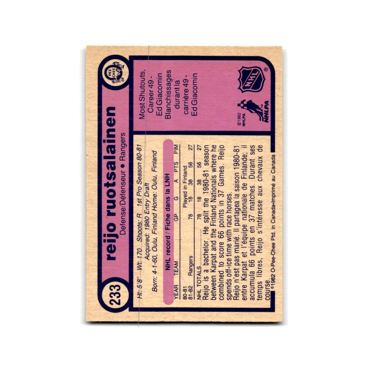 1982 O-Pee-Chee Reijo Ruotsalainen RC New York Rangers #233