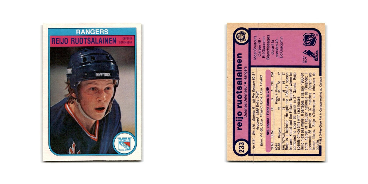 1982 O-Pee-Chee Reijo Ruotsalainen RC New York Rangers #233