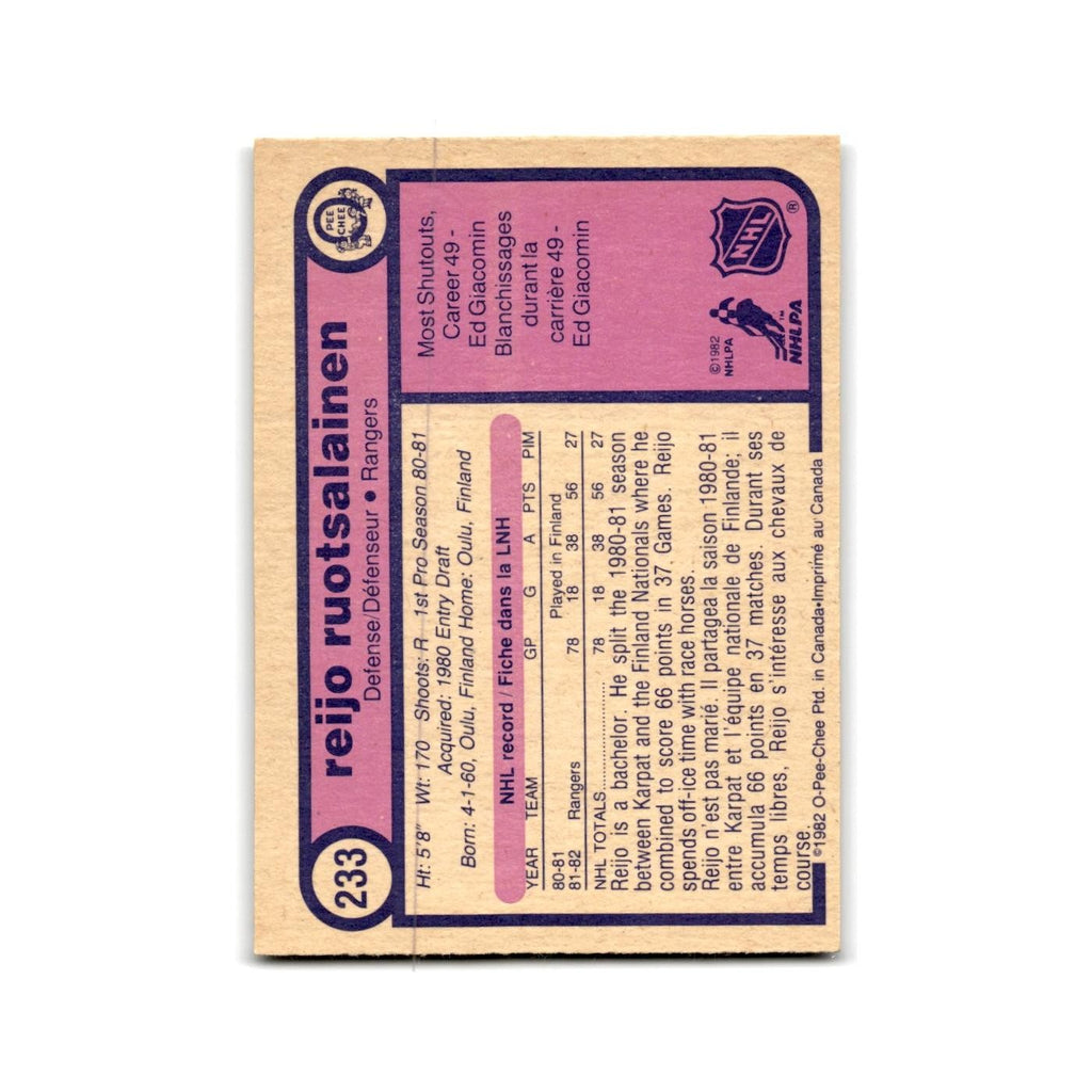 1982 O-Pee-Chee Reijo Ruotsalainen RC New York Rangers #233